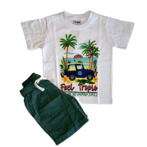 Σετ λευκό μπλουζάκι με φοίνικες και πράσινη σταθερή βερμούδα